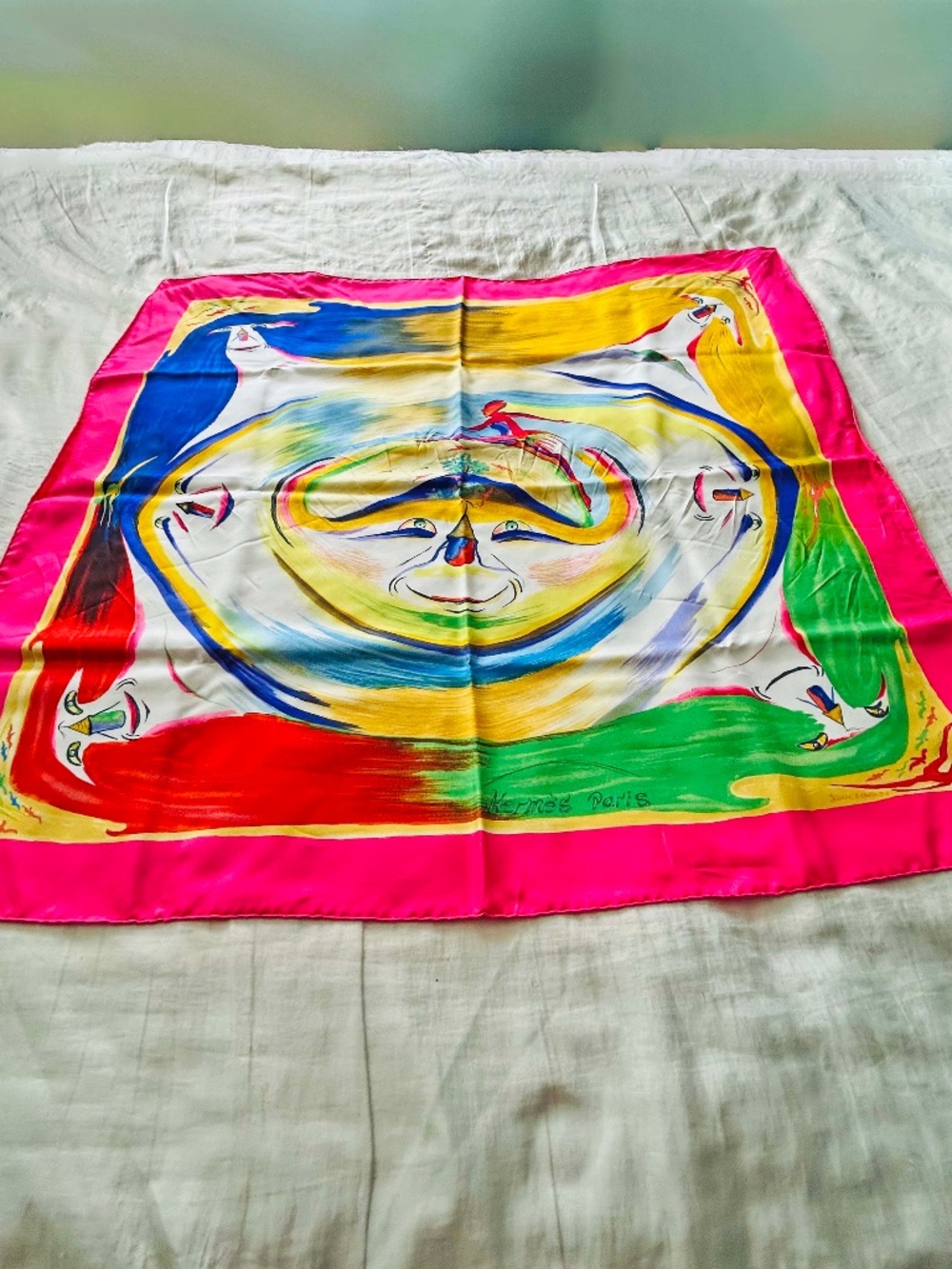 HERMÉS "SMILES IN THIRD MILLENARY" 100% SILK SCARF, 90cm x 90cm, GENUINE IN HERM